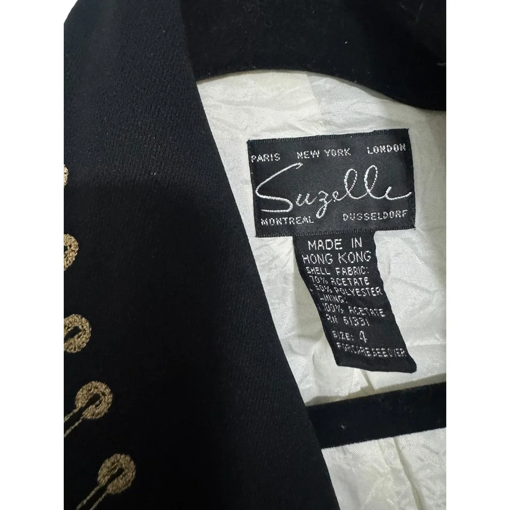 Suzelle VTG Cream Black Embroidered Lace up Blazer sz4 Shawl Collar Western Glam